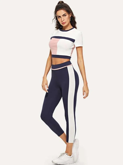 Color Block Crop Tee & Leggings Set Periwinkley Shop