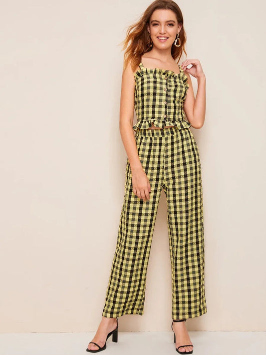 Frilled Button Front Top and Wide Leg Pants Set Periwinkley Shop