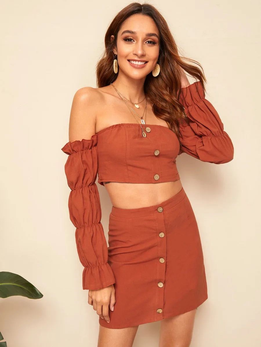 Off Shoulder Buttoned Gathered Sleeve Top & Skirt Set Periwinkley Shop