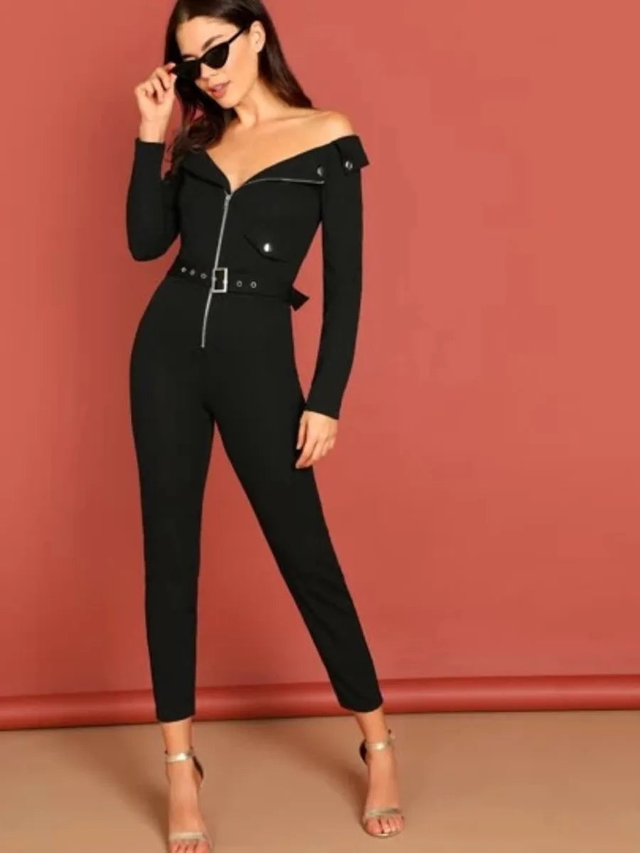 zip detail self belted utility jumpsuit Periwinkley Shop