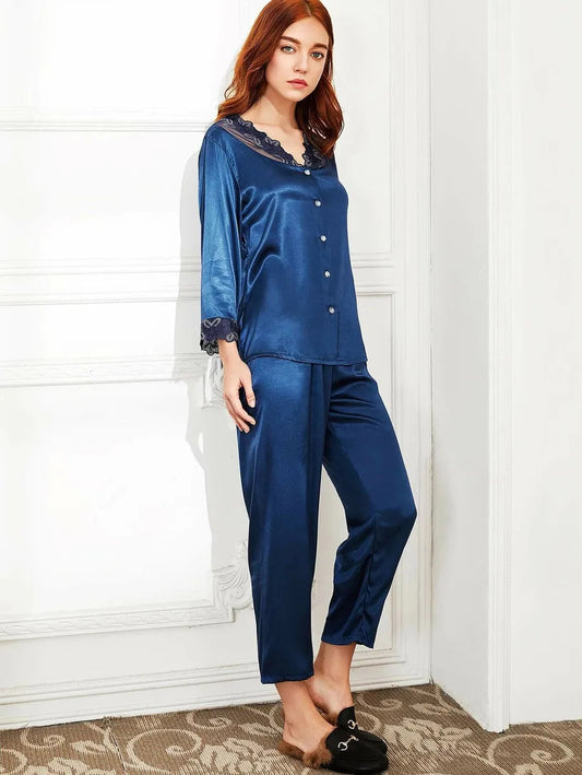 Embroidered Lace Trim Satin Pajama Set Periwinkley Shop