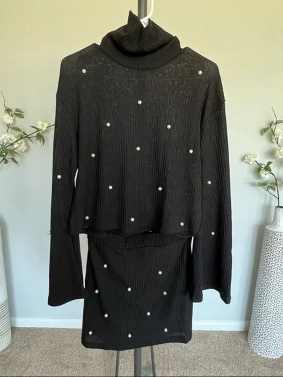Unity Pearl Beaded Lettuce Edge Rib-knit Tee and Pencil Skirt Set Periwinkley Shop