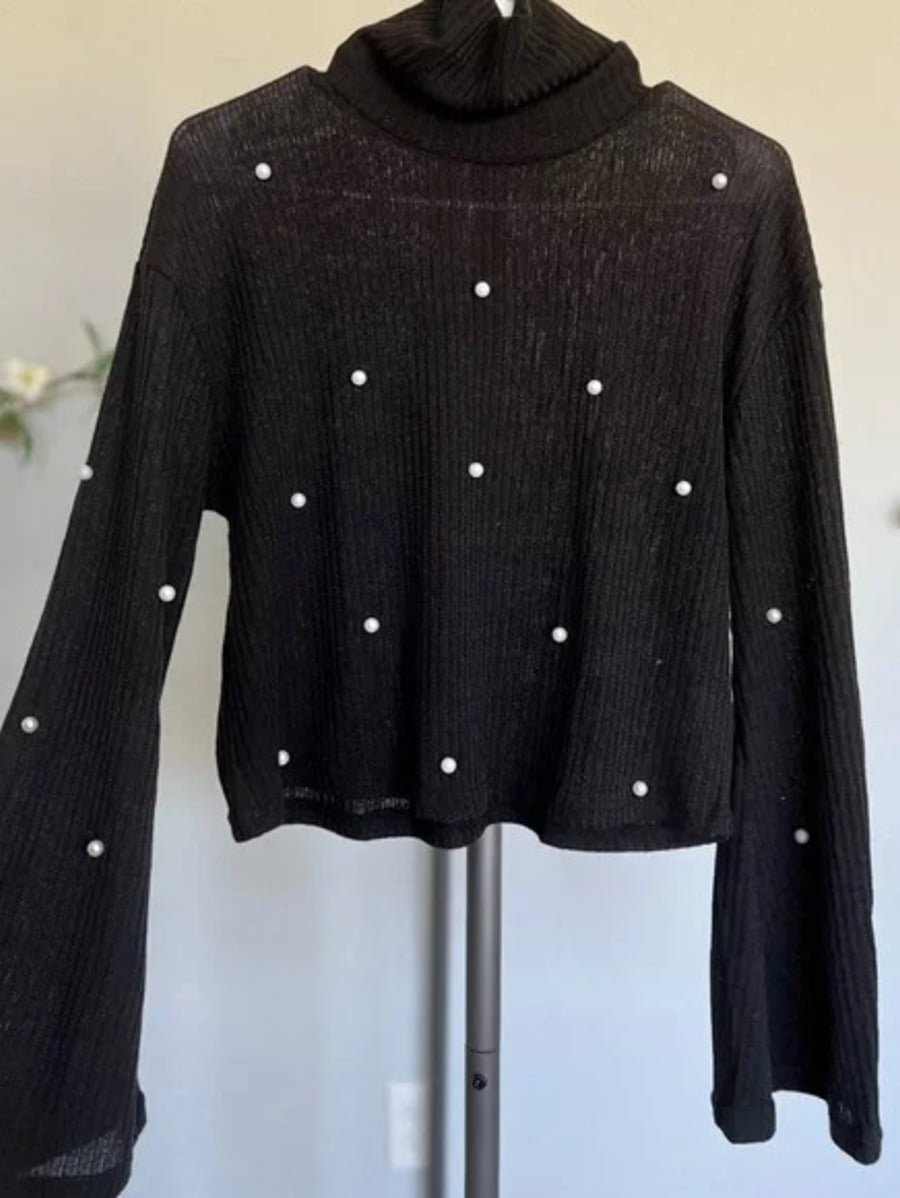 Unity Pearl Beaded Lettuce Edge Rib-knit Tee and Pencil Skirt Set Periwinkley Shop