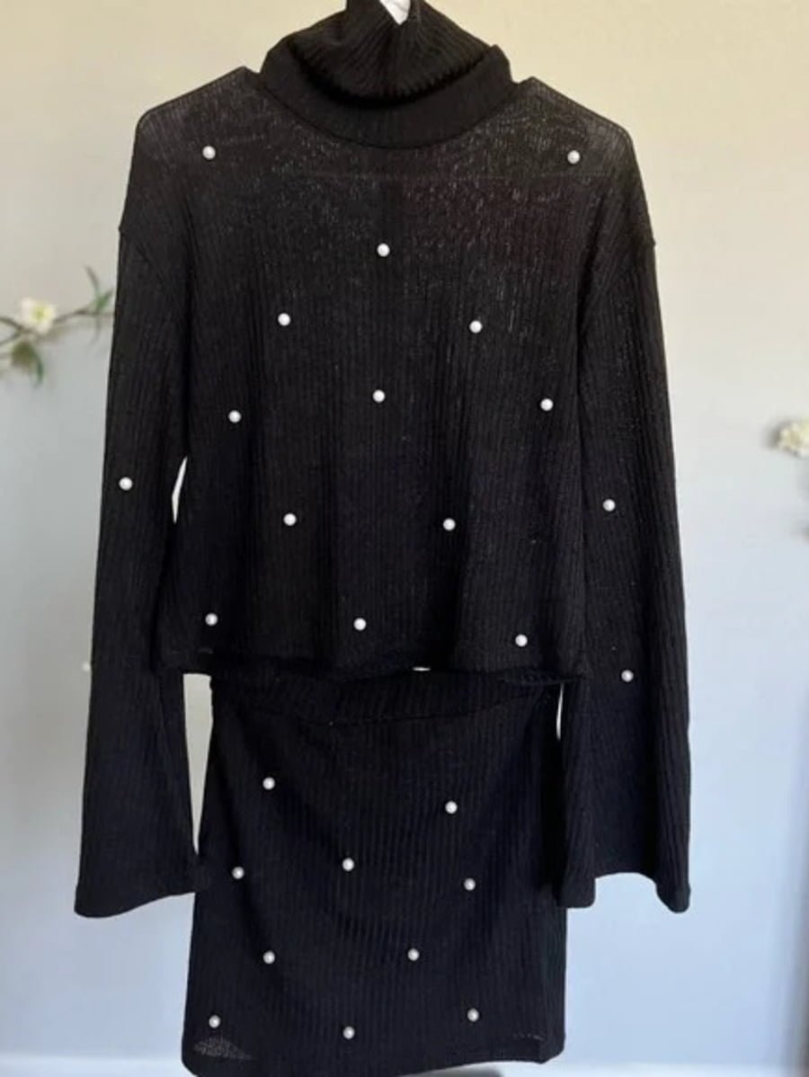 Unity Pearl Beaded Lettuce Edge Rib-knit Tee and Pencil Skirt Set Periwinkley Shop