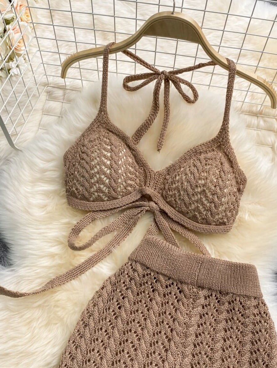 Beach hollow knit halterneck tube top top and  high waist casual pants Periwinkley Shop