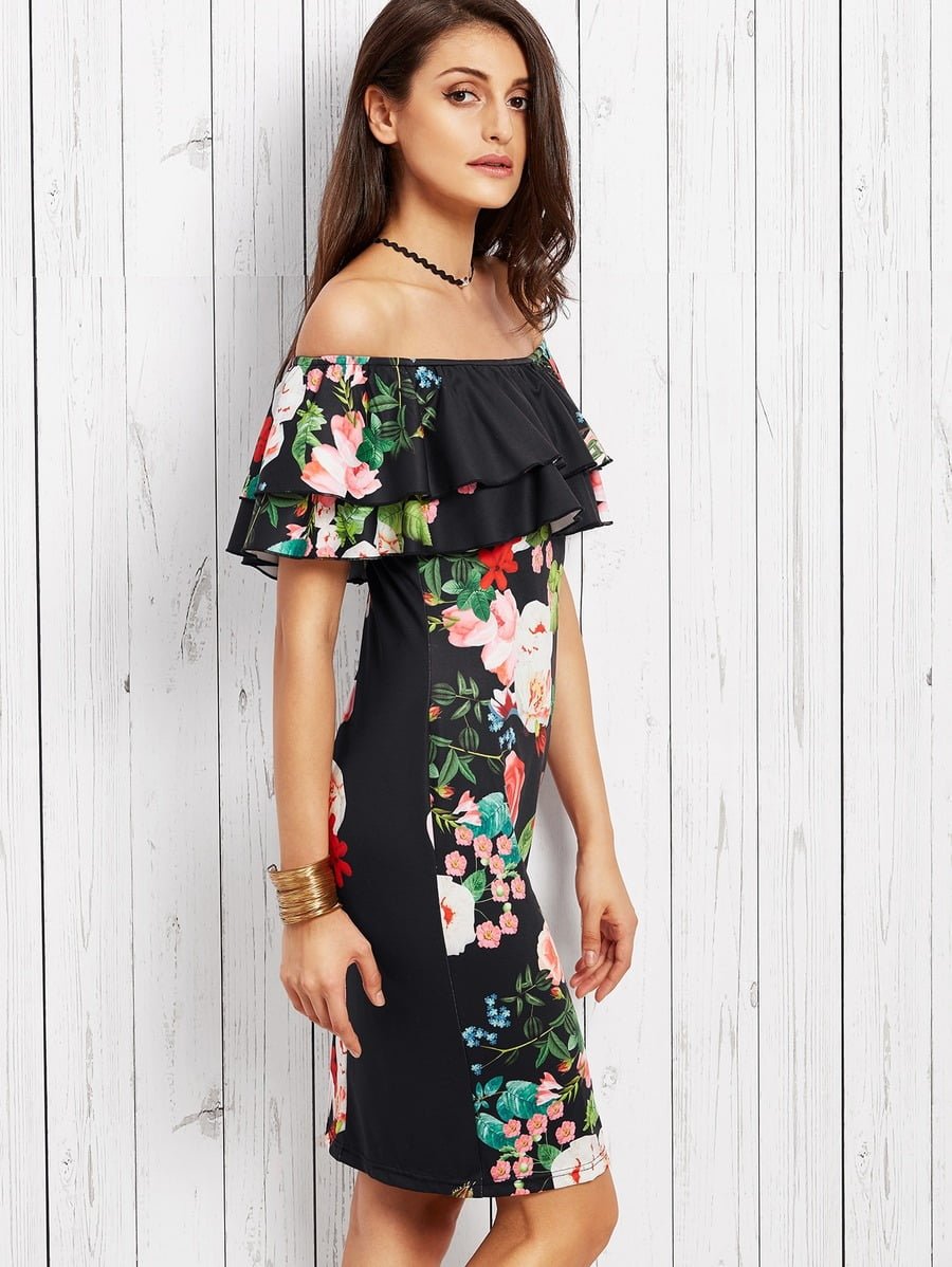 Rose Print Flounce Layered Neckline Fitted Dress Periwinkley Shop