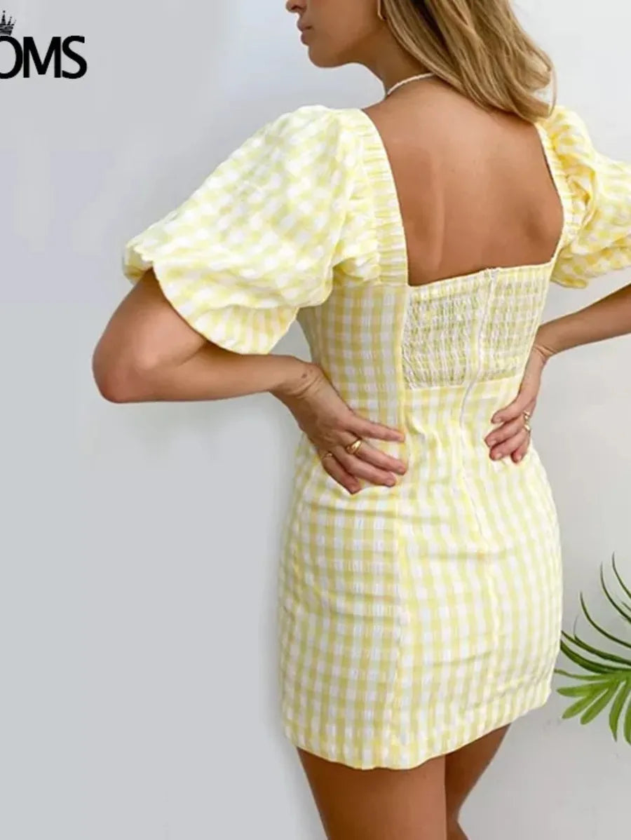 Vintage Square Neck Yellow Plaid Print Mini Dress Periwinkley Shop