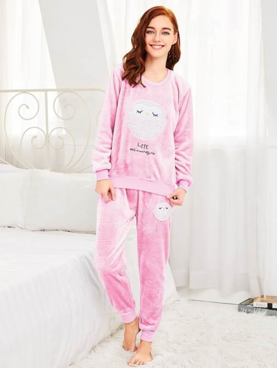 Faux Fleece Embroidered Pullover & Pants Pj Set Periwinkley Shop