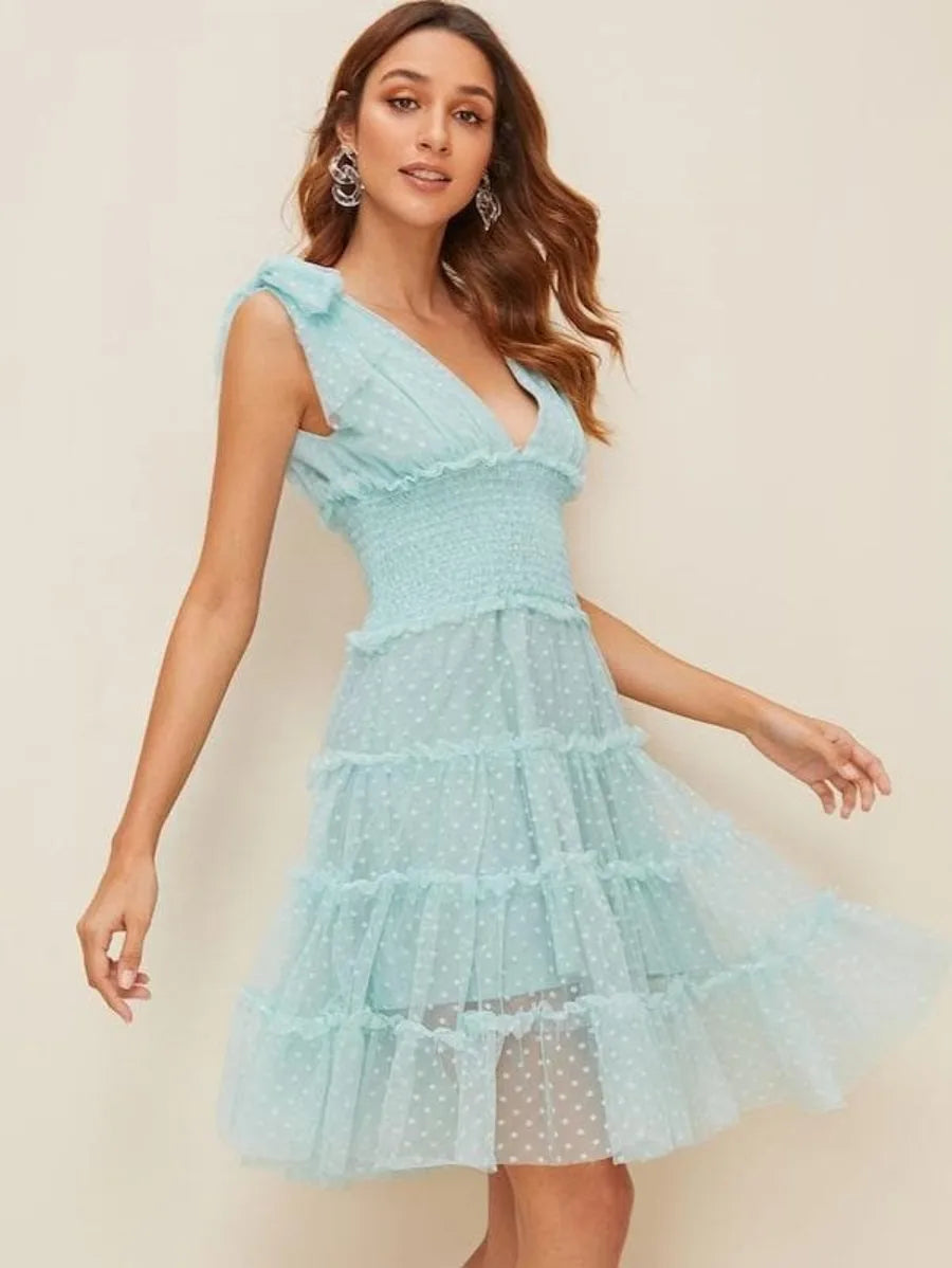 knot shoulder plunging neck mesh overlay dress Periwinkley Shop