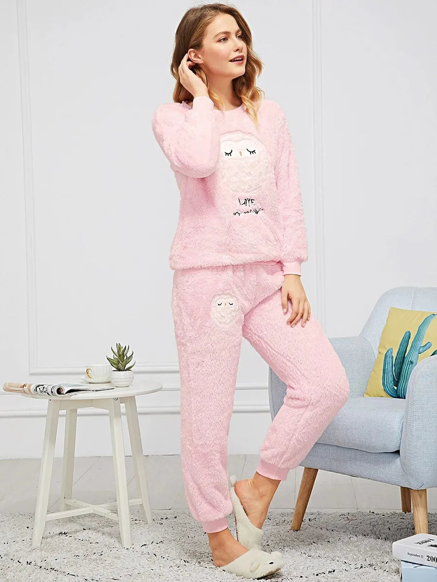 Owl & Letter Embroidered Plush Pajama Set Periwinkley Shop