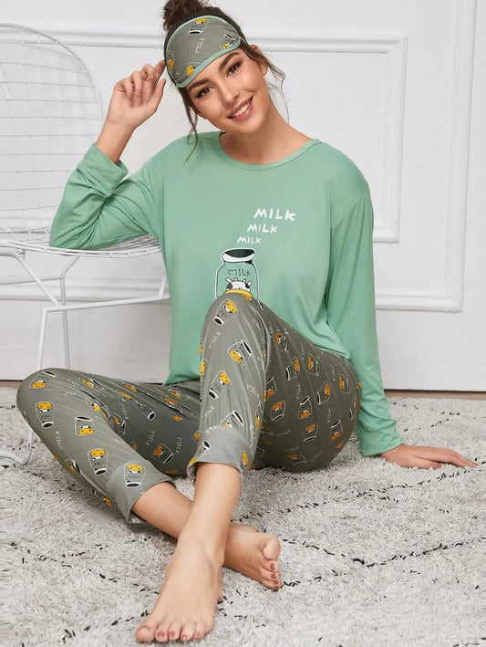 milk graphic long pajama set Periwinkley Shop