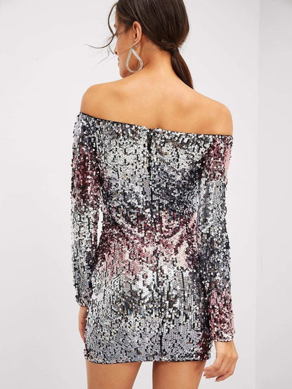 Long Sleeve Off Shoulder Ombre Sequin Dress Periwinkley Shop