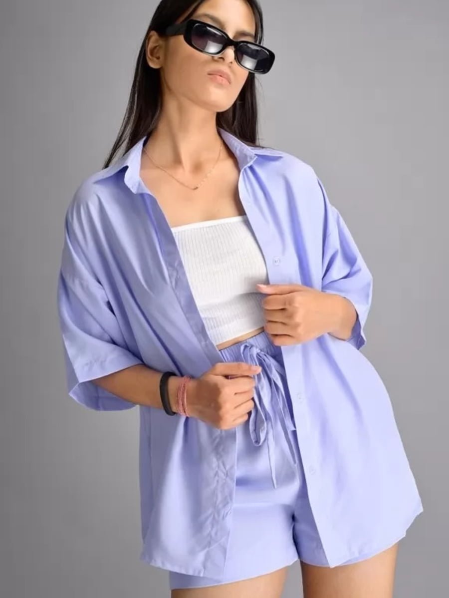 Set of 3: Blue Oversized Shirt & Shorts With a Complementary White Top Periwinkley Shop