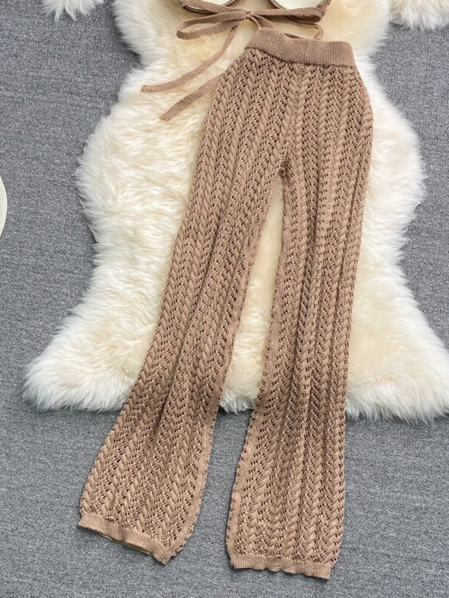 Beach hollow knit halterneck tube top top and  high waist casual pants Periwinkley Shop