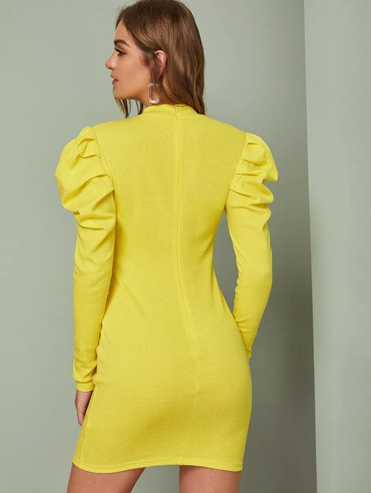 neon yellow mock neck puff sleeve bodycon dress Periwinkley Shop