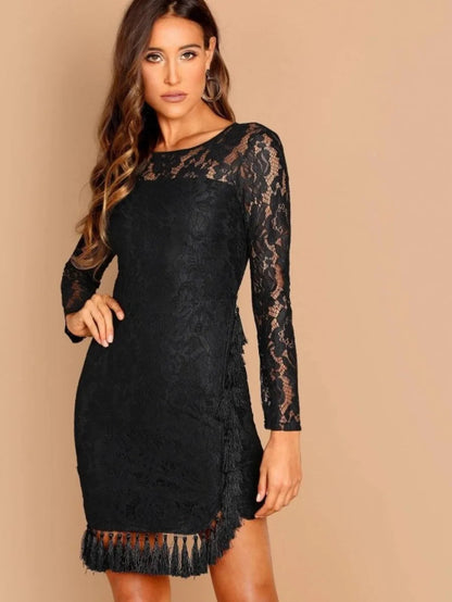 Sheer Yoke Tassel Detail Lace Dress Periwinkley Shop