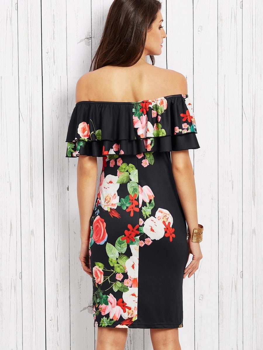 Rose Print Flounce Layered Neckline Fitted Dress Periwinkley Shop