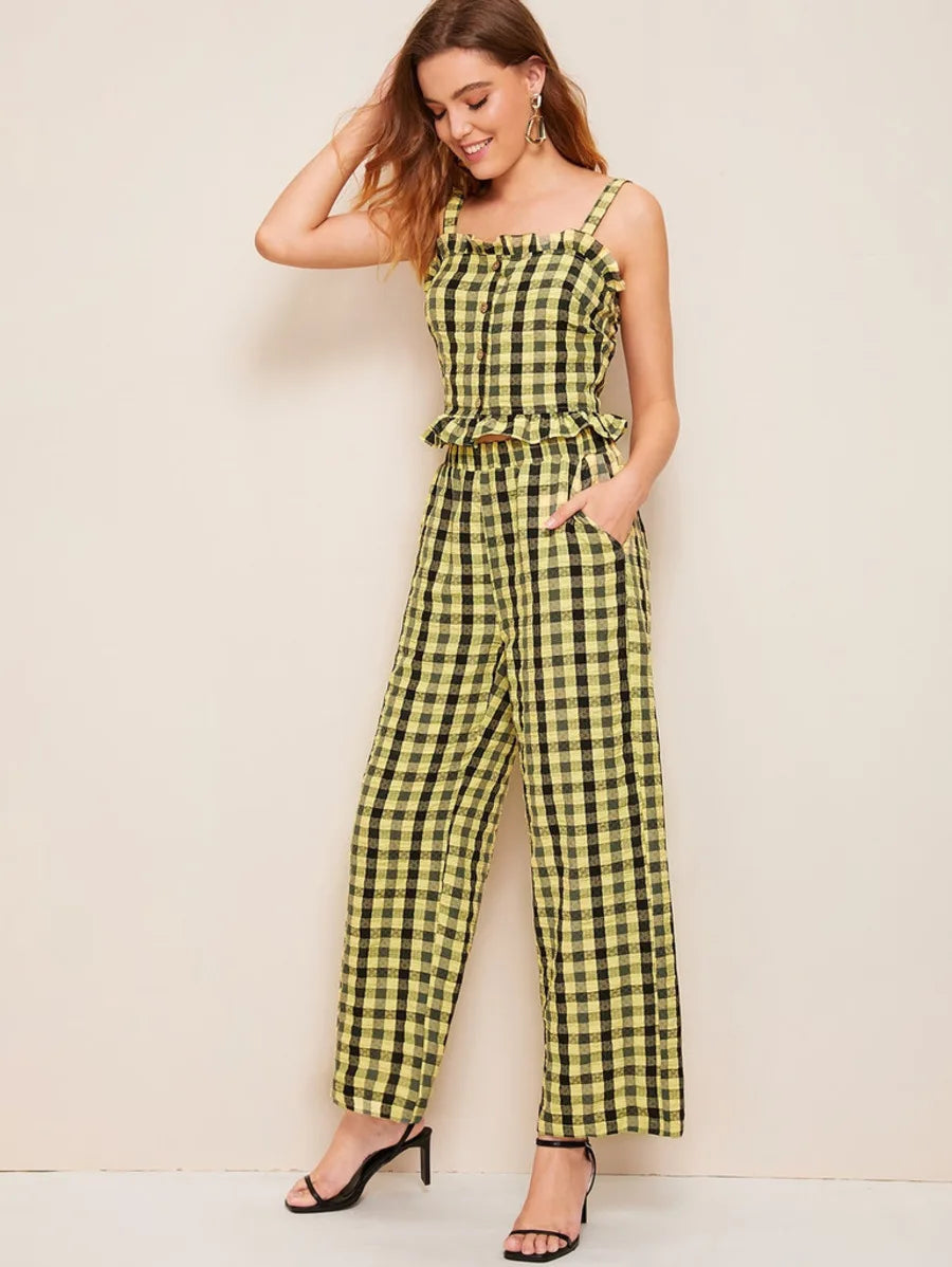 Frilled Button Front Top and Wide Leg Pants Set Periwinkley Shop