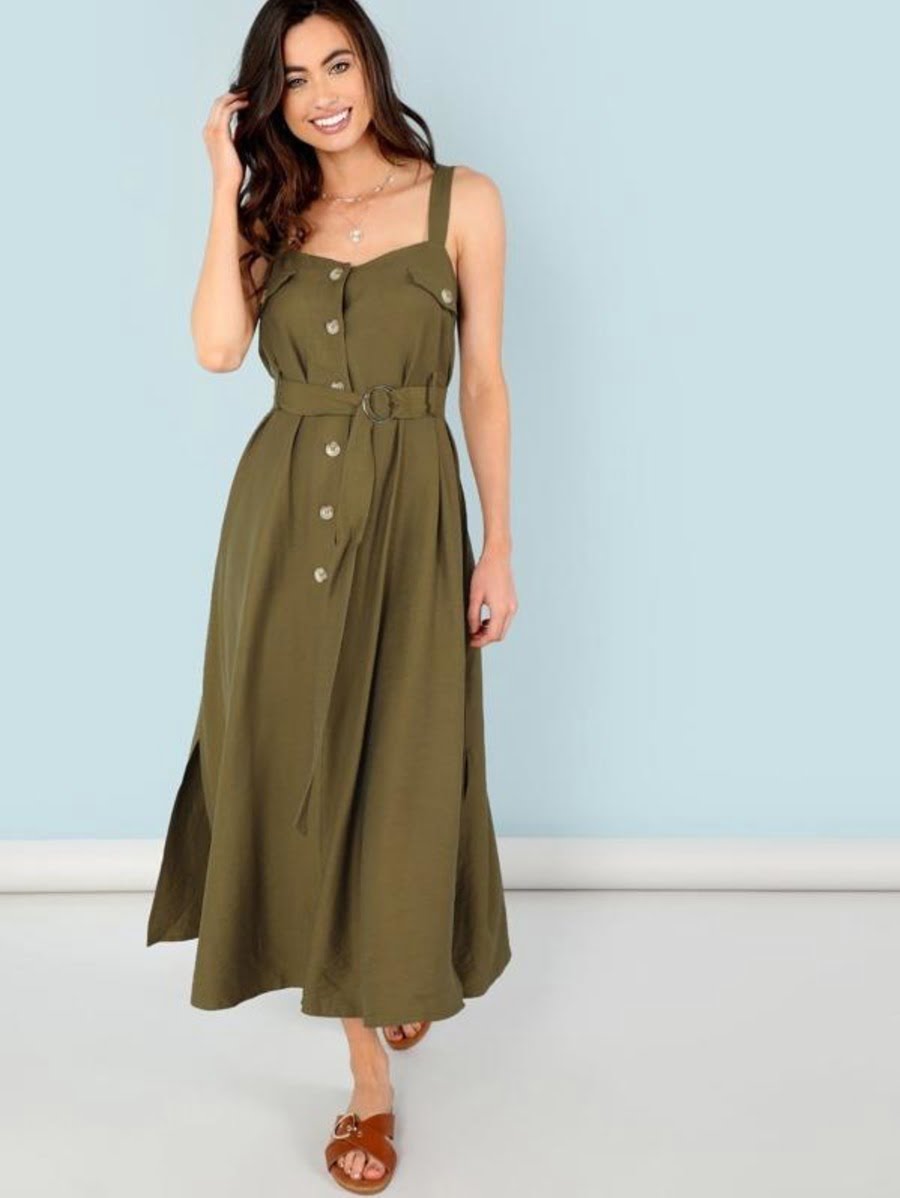 Button Embellished Self Belted Slit Dress Periwinkley Shop