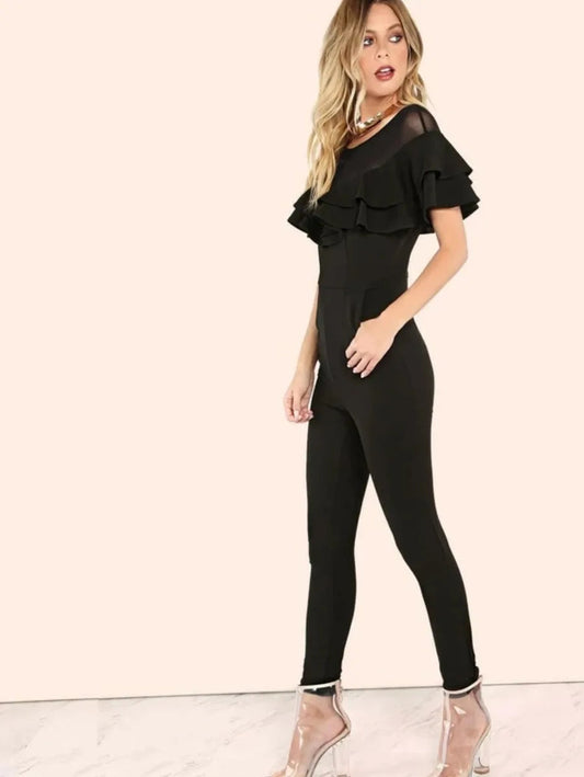 mesh contrast crepe ruffle jumpsuit Periwinkley Shop