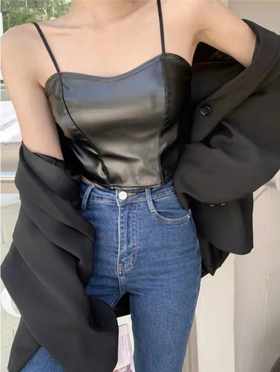 Leather Camisole Chest Padded  Backless Crop Tops Periwinkley Shop