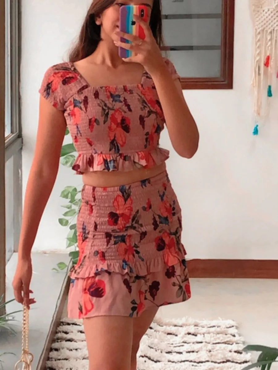 Set of 2 Floral smoking crop top with skirt Periwinkley Shop