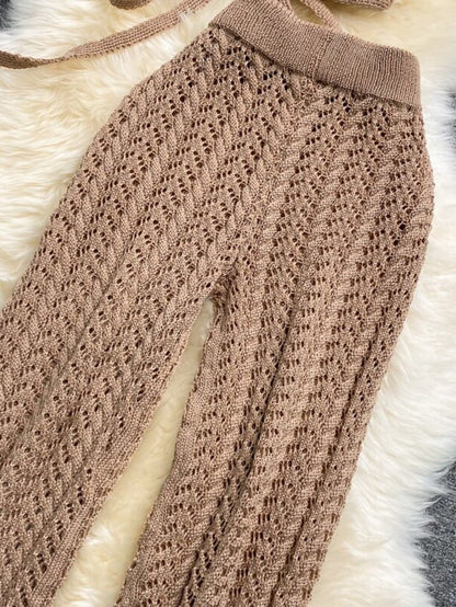 Beach hollow knit halterneck tube top top and  high waist casual pants Periwinkley Shop