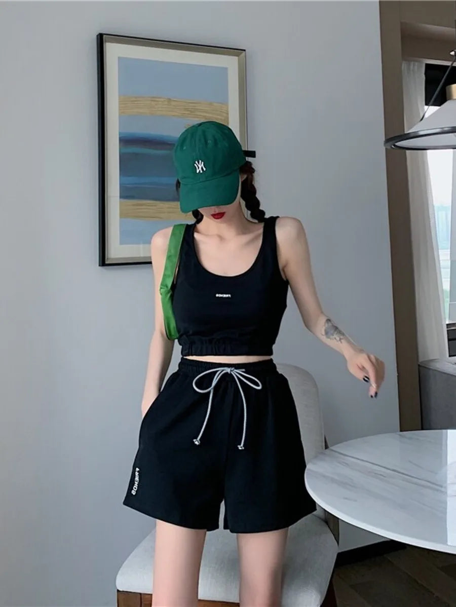 Yedinas Sports Outfits Set Vest Crop Tops And Biker Shorts- Black Periwinkley Shop