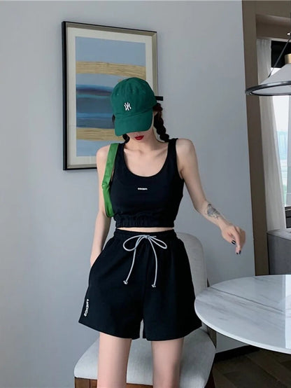 Yedinas Sports Outfits Set Vest Crop Tops And Biker Shorts- Black Periwinkley Shop