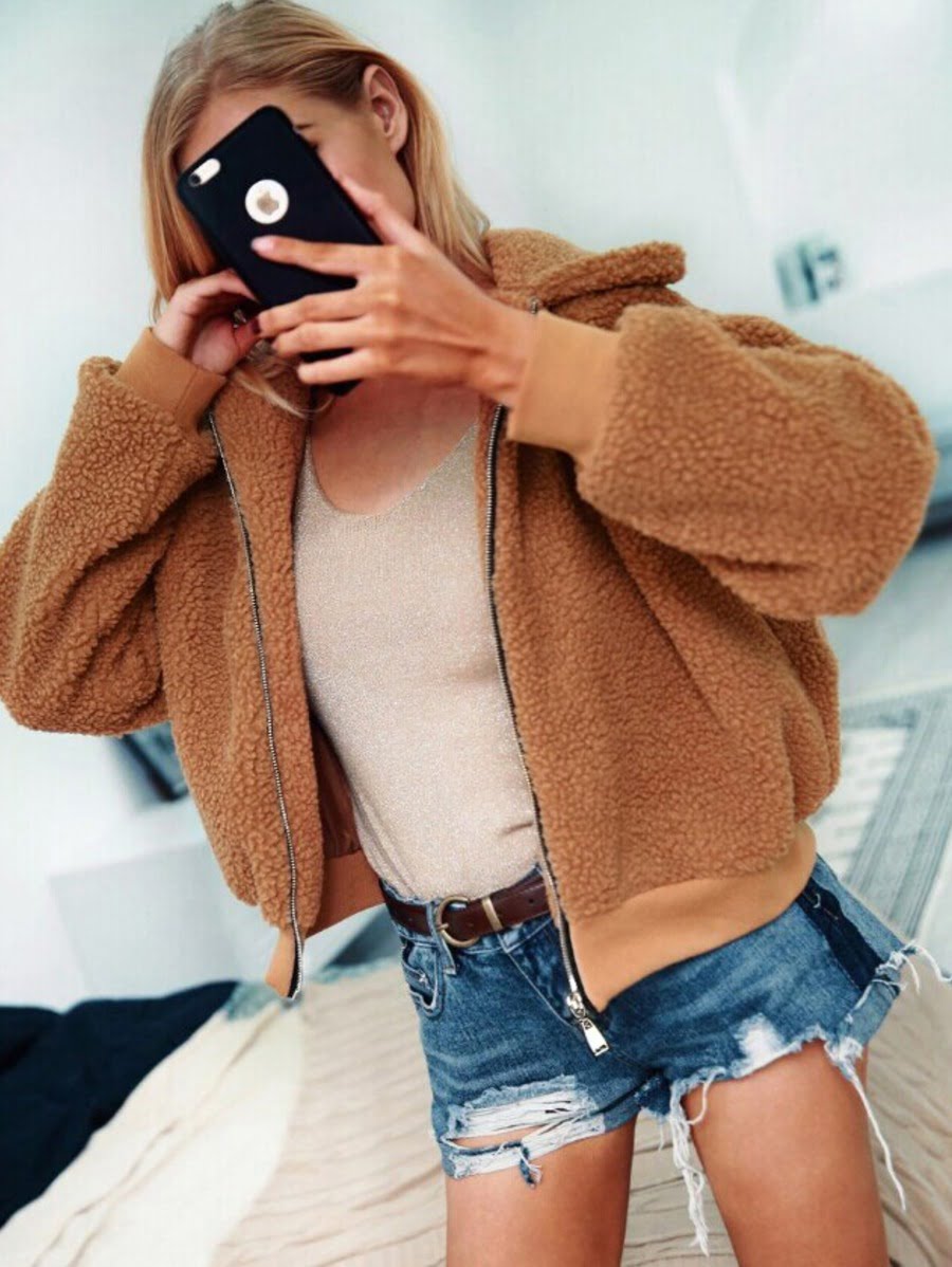 Solid Collar Teddy Jacket Periwinkley Shop
