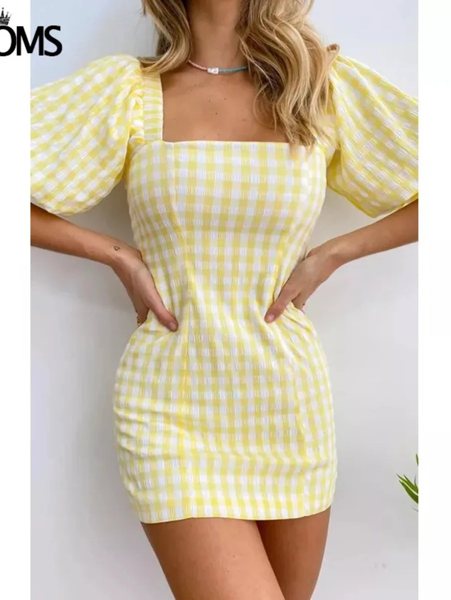 Vintage Square Neck Yellow Plaid Print Mini Dress Periwinkley Shop