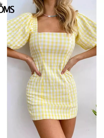 Vintage Square Neck Yellow Plaid Print Mini Dress Periwinkley Shop