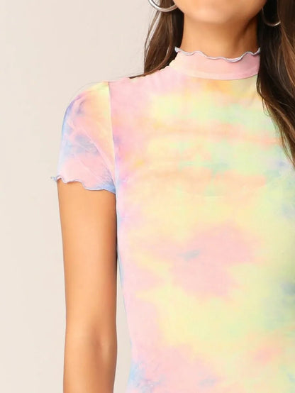 Mock Neck Lettuce Trim Tie Dye Bodycon Dress without cami Periwinkley Shop