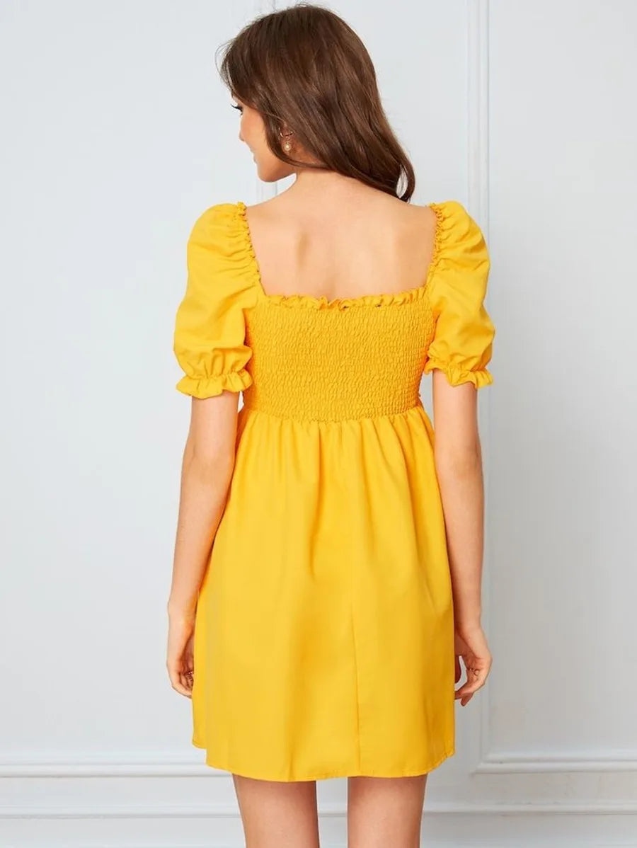 solid frill trim shirred dress Periwinkley Shop