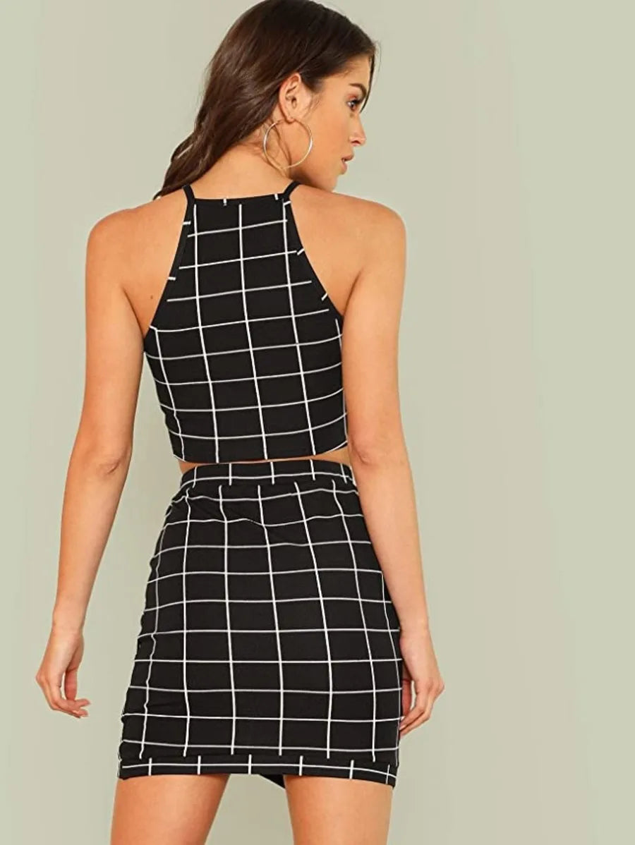 Plaid Crop Halte Two Pieces Bodycon Skirt and Top Set Periwinkley Shop