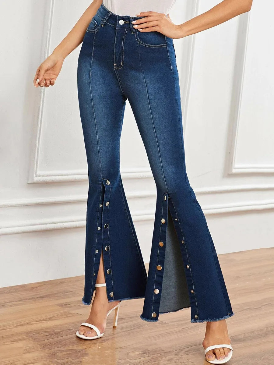 Raw Hem Button Detail Flare Leg Jeans Periwinkley Shop