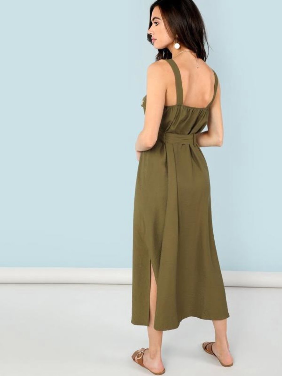 Button Embellished Self Belted Slit Dress Periwinkley Shop