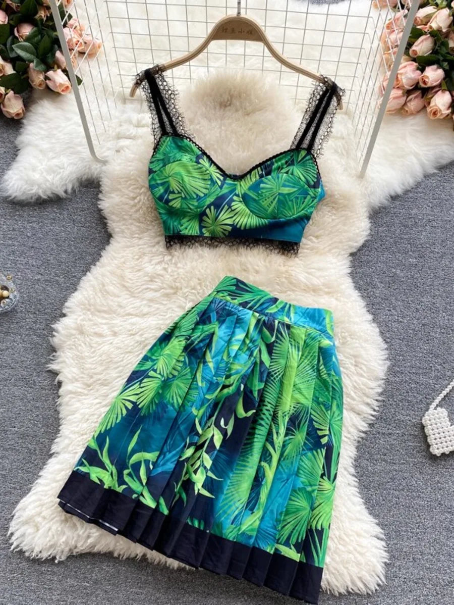 Two Piece Set Sexy Print Crop Top With Pleated Skirt Periwinkley Shop