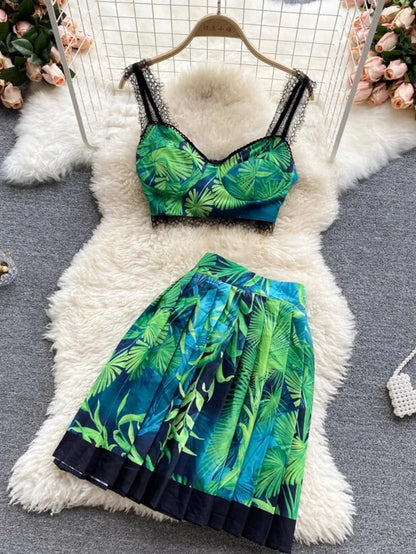 Two Piece Set Sexy Print Crop Top With Pleated Skirt Periwinkley Shop