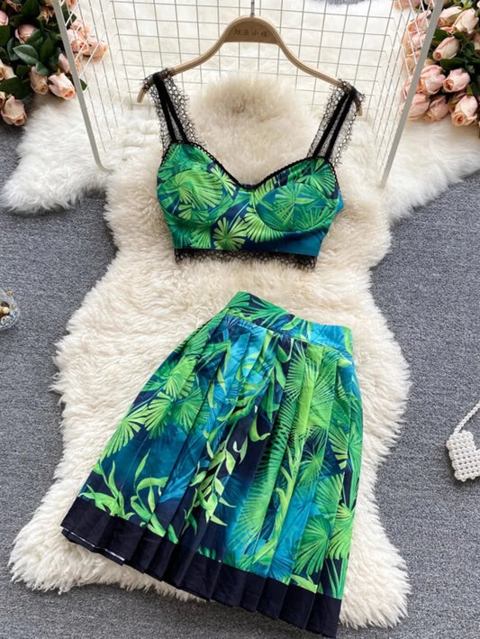 Two Piece Set Sexy Print Crop Top With Pleated Skirt Periwinkley Shop