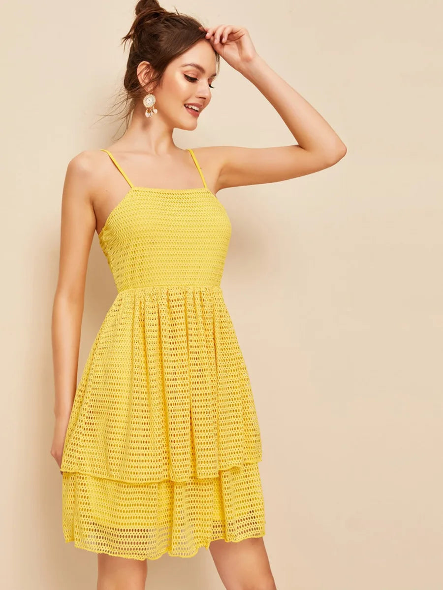 Solid Fishnet Mesh Layered Hem Slip Dress Periwinkley Shop