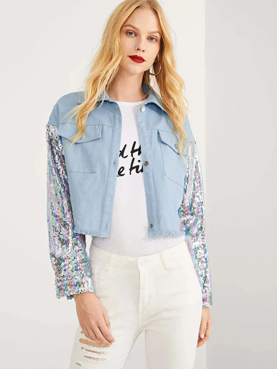Contrast Sequin Single Breasted Pocket Collar Neck Jacket Periwinkley Shop