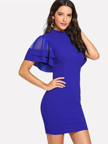 Layered Flutter Sleeve Buttoned Keyhole Back Dress Periwinkley Shop