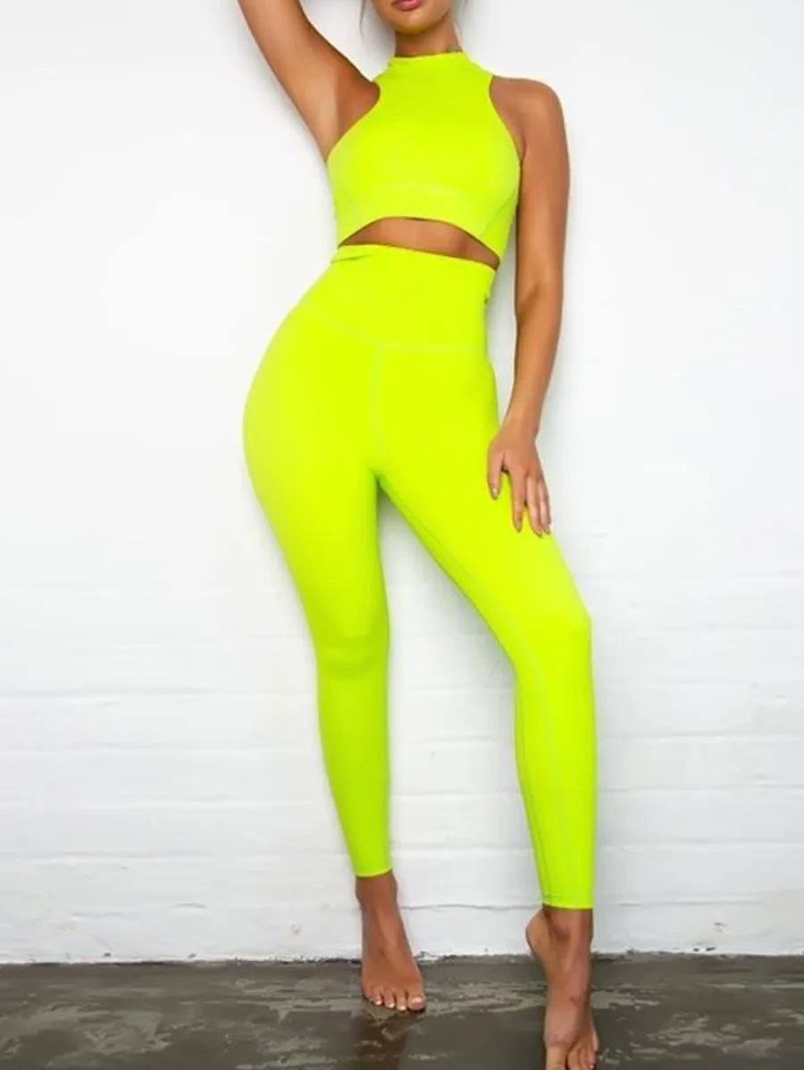 Green Neon Halter vest crop top and Leggings set Periwinkley Shop
