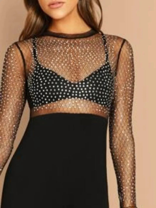 rhinestone beaded mesh bodice jumpsuit without bra Periwinkley Shop