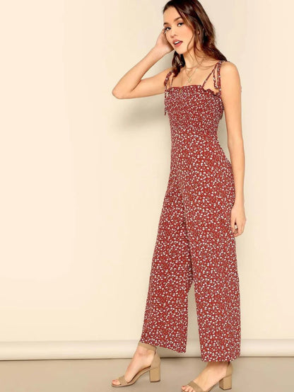 Ditsy Floral Knot Strap Ruffle Trim Smocked Jumpsuit Periwinkley Shop