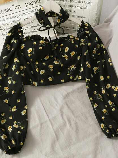 Floral puffsleeve choker halter top Periwinkley Shop