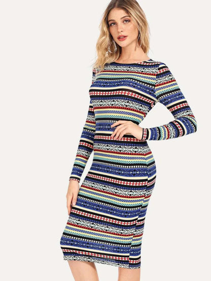 Aztec Striped Pencil Dress Periwinkley Shop