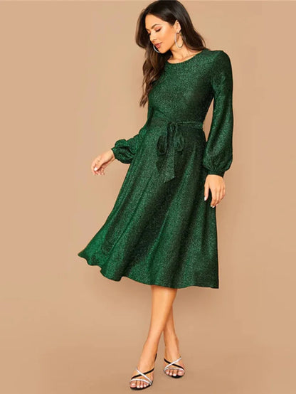 Self Belted Balloon Sleeve Glitter Midi Dress Periwinkley Shop
