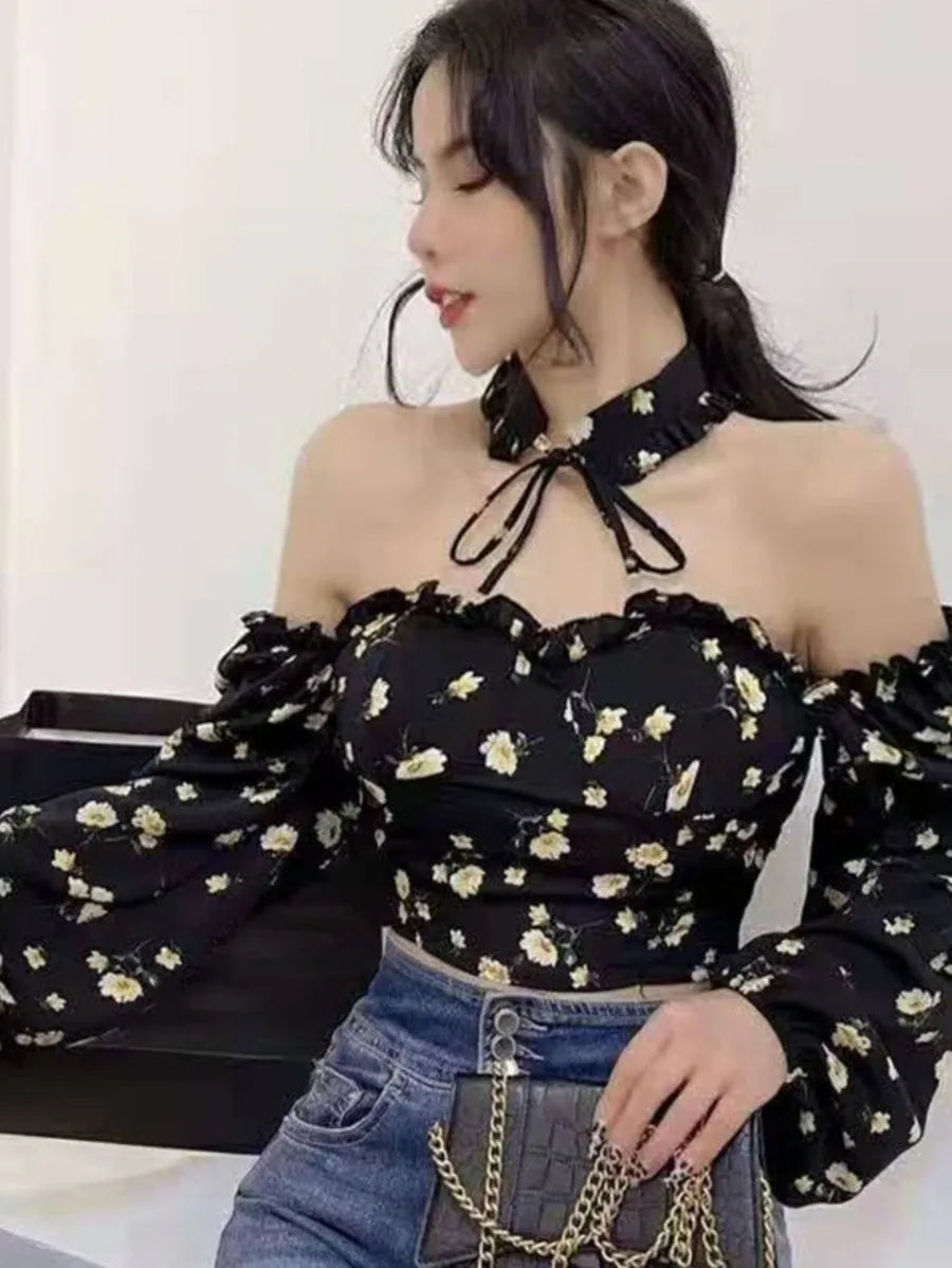 Floral puffsleeve choker halter top Periwinkley Shop